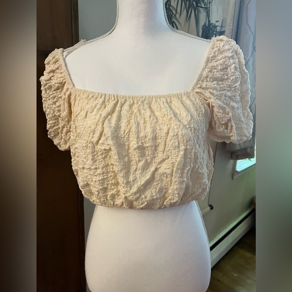 Zara Cotton Blend Gauzy Textured Square Neck Puff Sleeves Crop Top Cream L - Picture 11 of 17